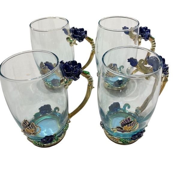 Arc of France Jeweled Enameled Coffee Tea Cup Clear Glass Roses Butterfly Lot 4 - Picture 2 of 11